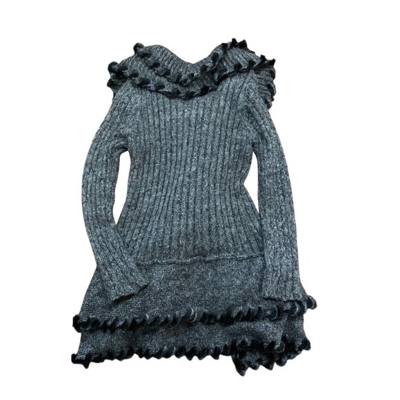 Women’s Steampunk Cardigan Gray Black Fur Trim Layered Ruffles Flowy Hemline - Picture 4 of 11